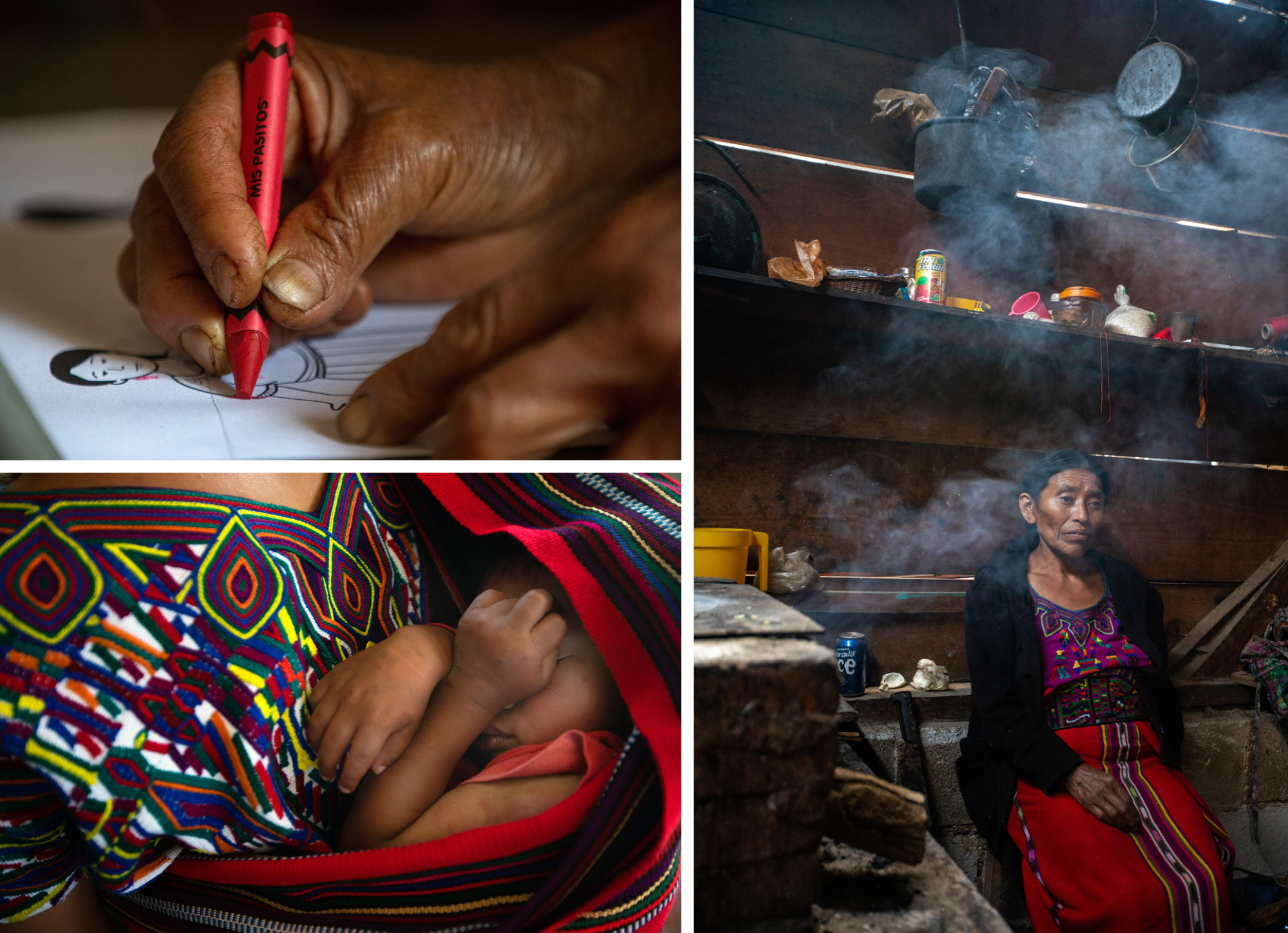 Clockwise from top left, a hand holds a crayon; a woman in a red dress sits amid smoke; a child nestled amid colorful cloth 