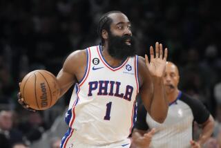 FILE -Philadelphia 76ers guard James Harden (1) calls to teammates during the first half of Game 5.