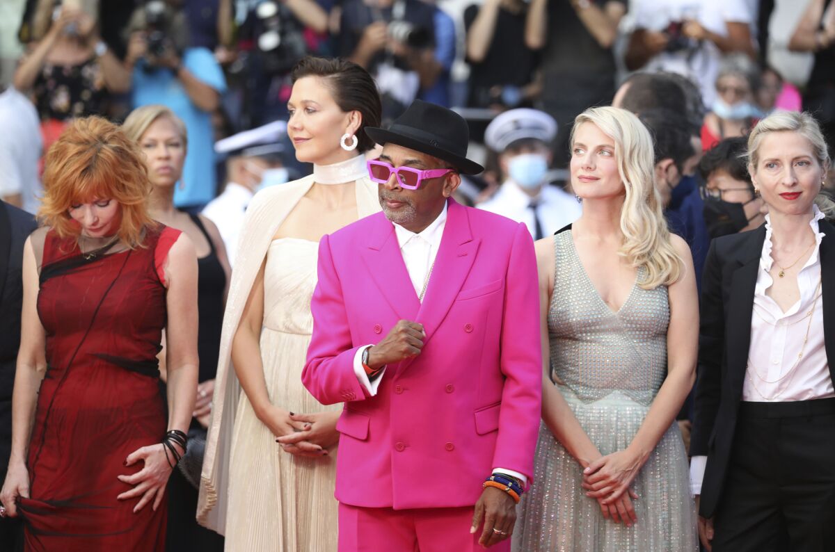 Jury president Spike Lee, center, poses with jury members Mylene Farmer, from left, Maggie Gyllenhaal, Melanie Laurent, and Jessica Hausner at the premiere of the film 'Annette' and the opening ceremony of the 74th international film festival, Cannes, southern France, Tuesday, July 6, 2021. (Photo by Vianney Le Caer/Invision/AP)