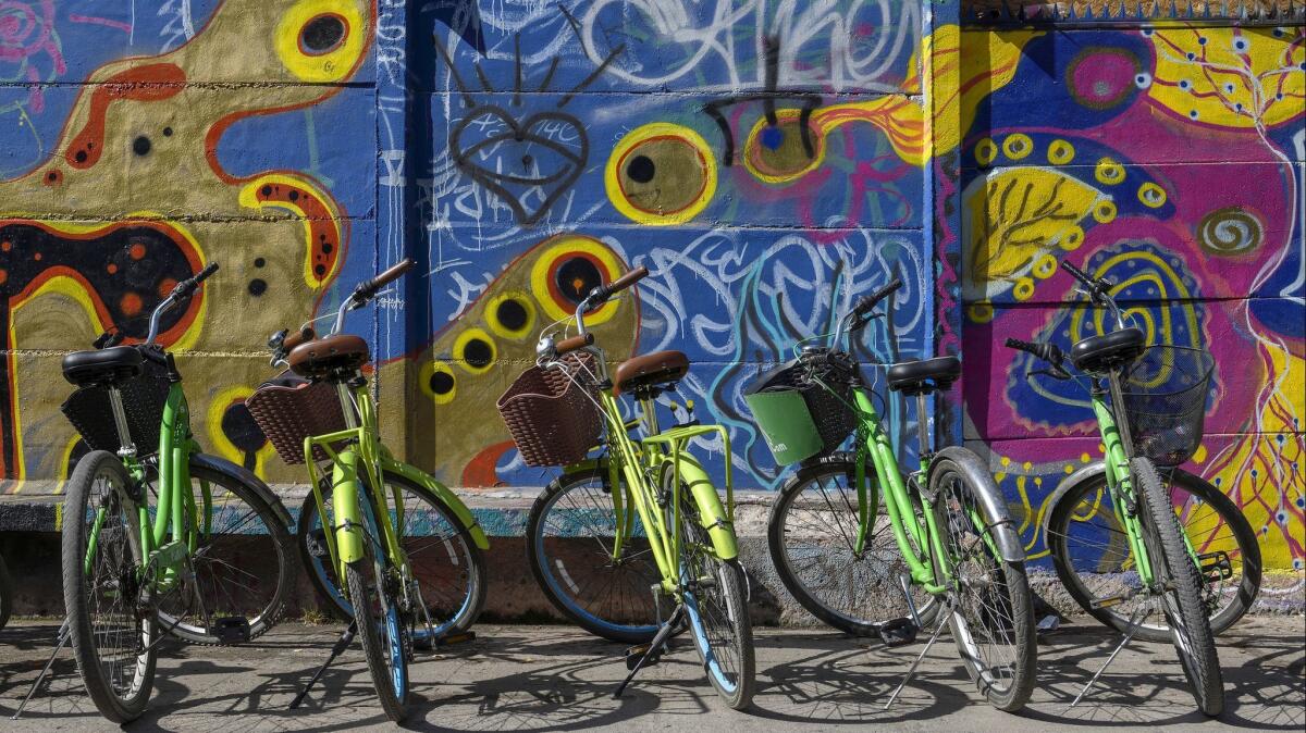 Bicycles from La Bicicleta Verde tour company are parked outside poet Pablo Neruda's home in Santiago, Chile