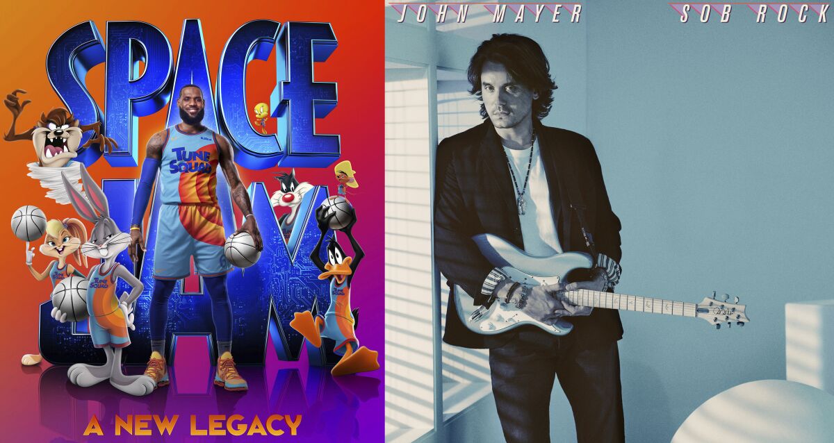 This combination of photos shows promotional art for the film "Space Jam: A New Legacy," premiering Friday on HBO Max and in theaters, left, and "Sob Rock," the latest album by John Mayer, releasing on Friday. (HBO Max via AP, left, and Columbia via AP)