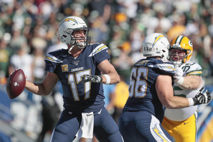 CARSON, CA, SUNDAY, NOVEMBER 3, 2019 - Los Angeles Chargers quarterback Philip Rivers (17) drops back to pass against the Green Bay Packers at Dignity Health Sports Park. (Robert Gauthier/Los Angeles Times)