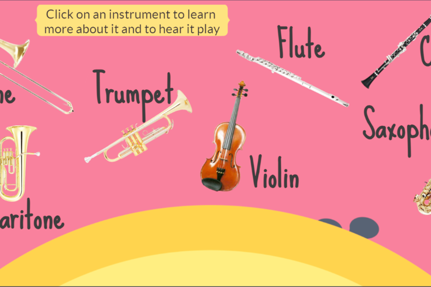 The "Introduction to Instruments" field trip allows students to explore various musical instruments virtually.