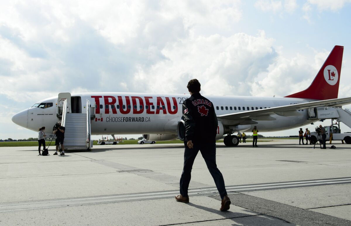 Canadian Prime Minister Justin Trudeau boards the Liberal campaign plane in Ottawa on Sept. 11, 2019, en route to Vancouver.