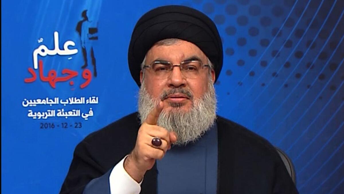 Hassan Nasrallah, shown in a 2016 screen grab, said of President Trump: "When an idiot resides in the White House, this is the beginning of the release for the oppressed in the world.”