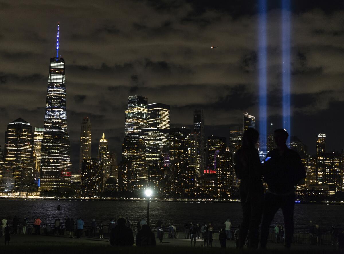 Tribute in Light, two vertical columns of light representing the fallen towers of the World Trade Center