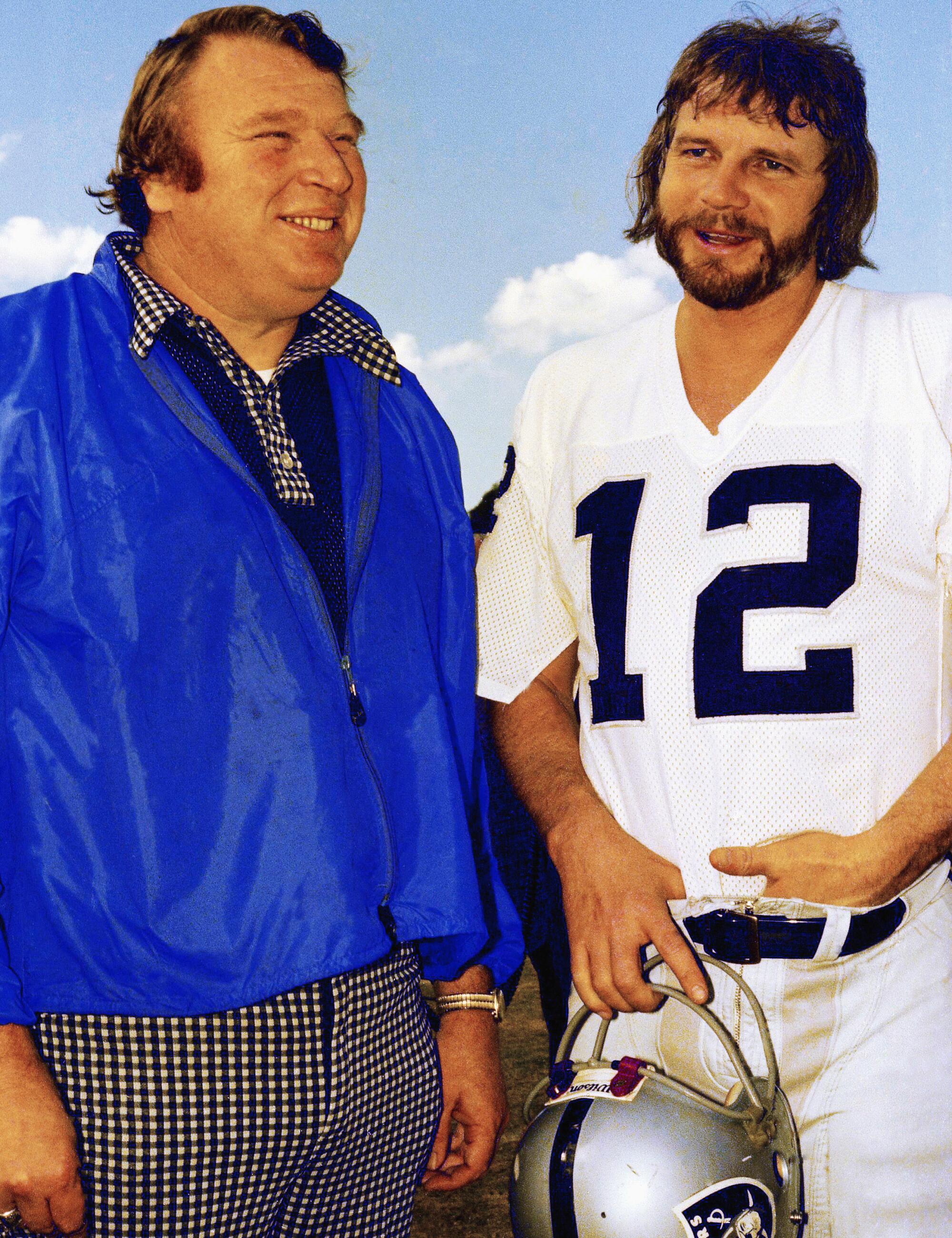 Raiders coach John Madden, left, with quarterback Ken Stabler on Jan. 4, 1977.
