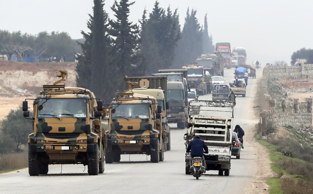 A Turkish military convoy near Idlib, Syria, on Feb. 29.