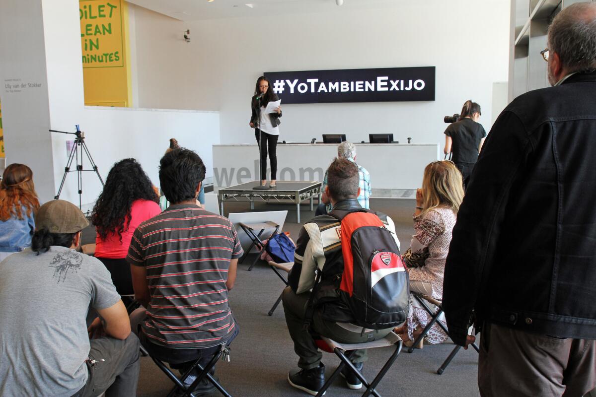 Roughly three dozen people came out to watch and participate in '#YoTambienExijo: A Restaging of Tatlin's Whisper #6" at the Hammer Museum. The crowds were small, but their statements were powerful.