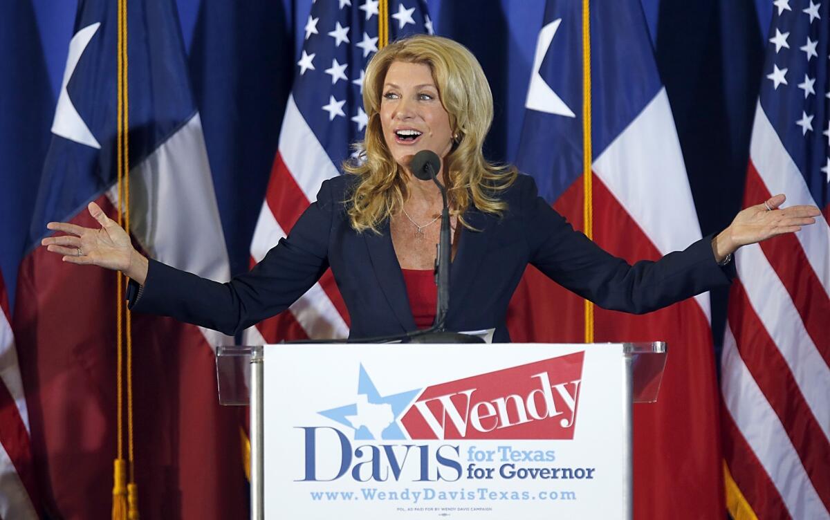 Wendy Davis announces her intentions to run for Texas governor at the W.G. Thomas Coliseum in Haltom City, Texas.