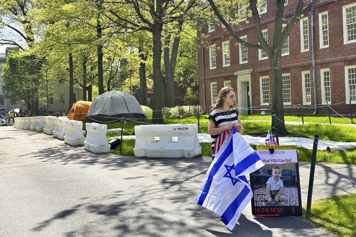 Rotem Spiegler stands near an encampment set up at the university to protest the war in Gaza.