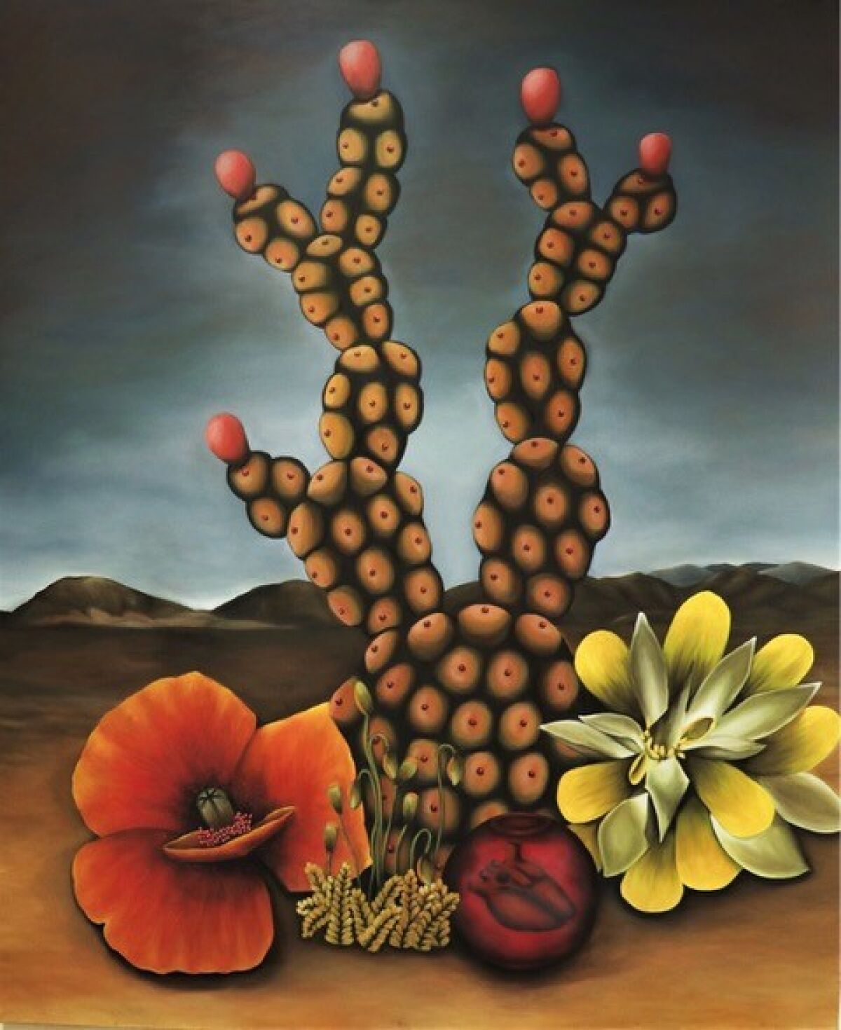 An oil painting of plants from the regions that reflect the artist's ethnicities