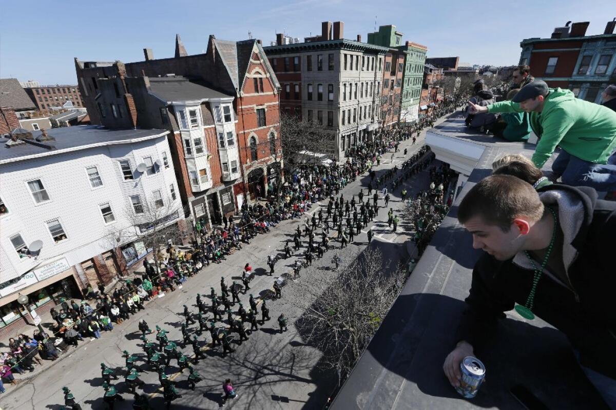 A view of the annual St. Patrick's Day parade from a roof in the South Boston neighborhood.
