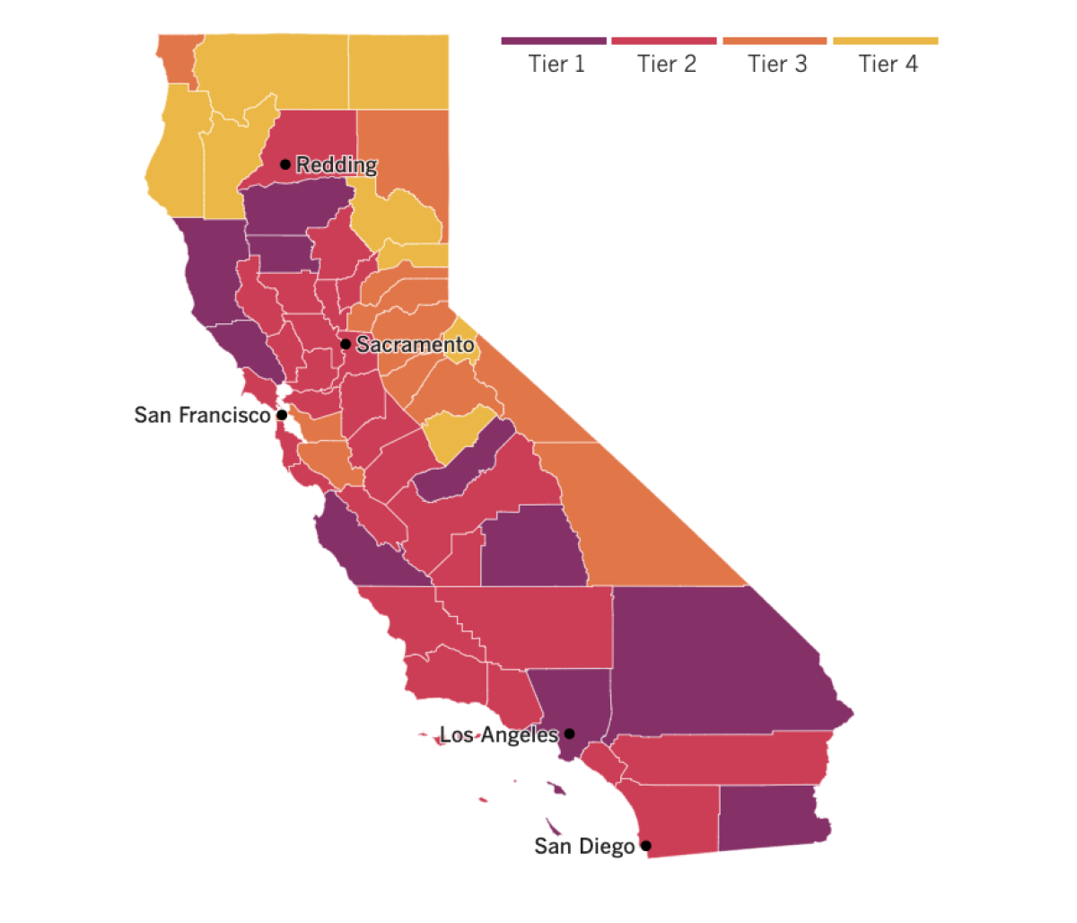 A map of California showing what tiers counties have been assigned to based on local coronavirus risk.