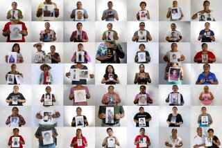 FILE - A photo composite of people holding an image of their missing relative in Iguala, Mexico and surrounding towns, taken between April and August of 2015. Karla Quintana announced her resignation on Aug. 24, 2023 as head of Mexico's National Search Commission, an entity created to search for and identify a mounting number of disappeared people in Mexico. (AP Photo/Dario Lopez-Mills, File)