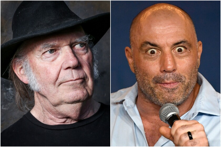 A split image of Neil Young wearing a black hat and Joe Rogan speaking into a microphone