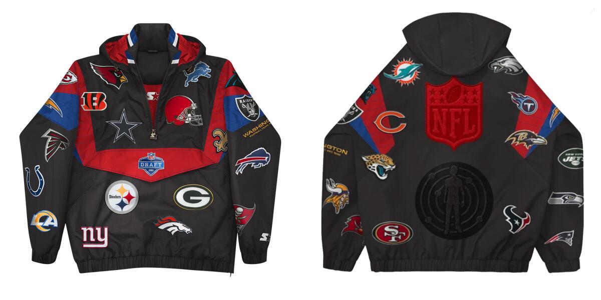 The nylon Starter jacket is black with red and blue detailing and features the logos of all 32 NFL teams.