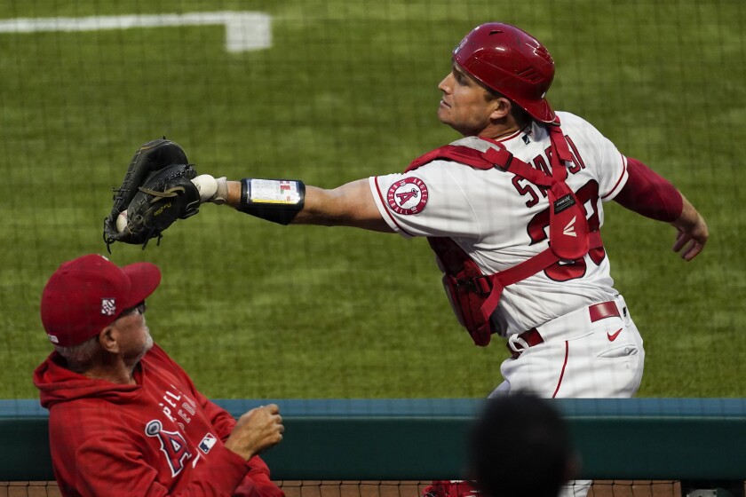 Los Angeles Angels catcher Max Stassi (33) catches a foul ball hit by Kansas City Royals first baseman Carlos Santana (41) during the fourth inning of a baseball game Wednesday, June 9, 2021, in Los Angeles, Calif. Los Angeles Angels manager Joe Maddon is at left. (AP Photo/Ashley Landis)