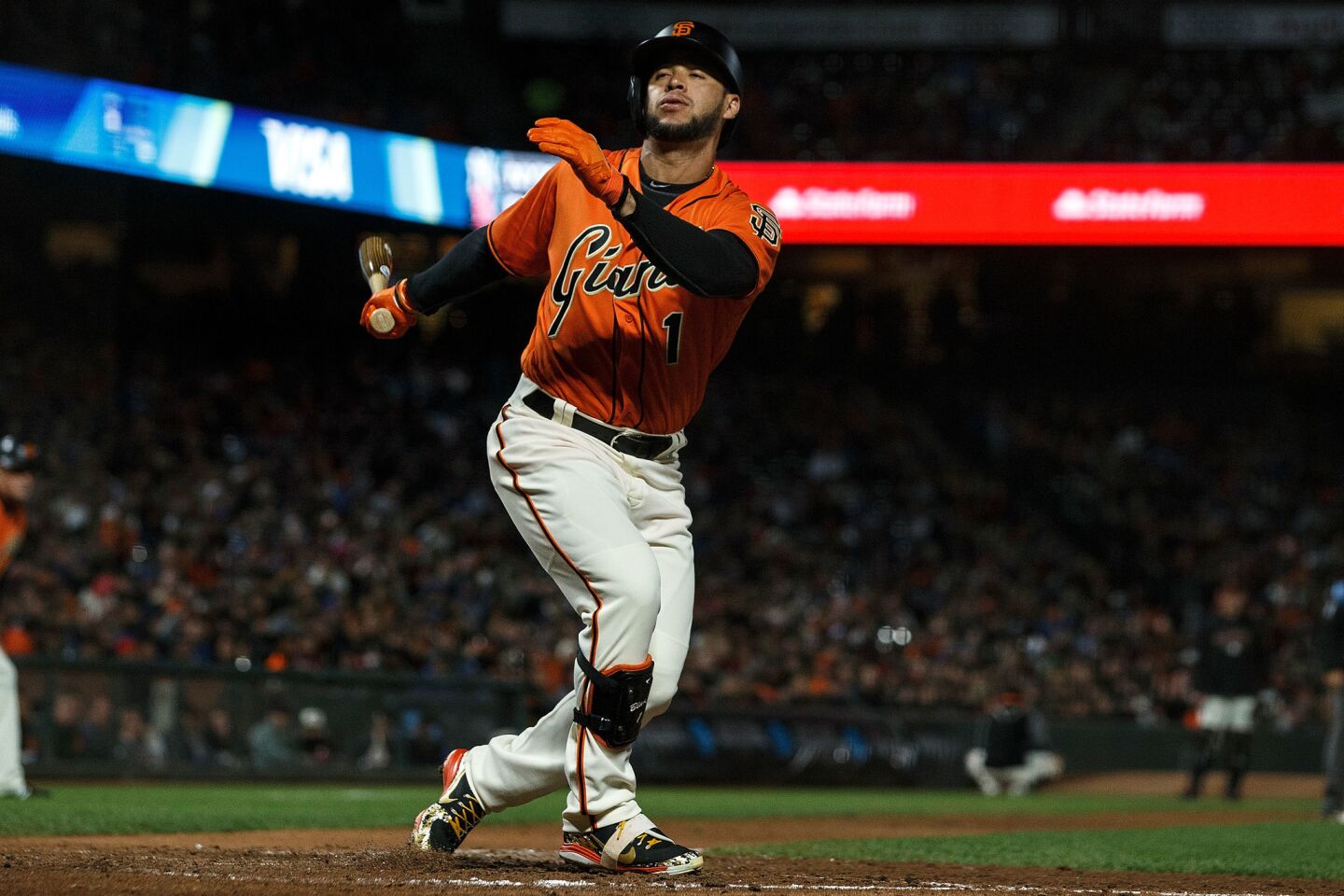 SAN FRANCISCO, CA - SEPTEMBER 28: Gregor Blanco #1 of the San Francisco Giants strikes out against the Los Angeles Dodgers during the seventh inning at AT&T Park on September 28, 2018 in San Francisco, California. The Los Angeles Dodgers defeated the San Francisco Giants 3-1. (Photo by Jason O. Watson/Getty Images) ** OUTS - ELSENT, FPG, CM - OUTS * NM, PH, VA if sourced by CT, LA or MoD **