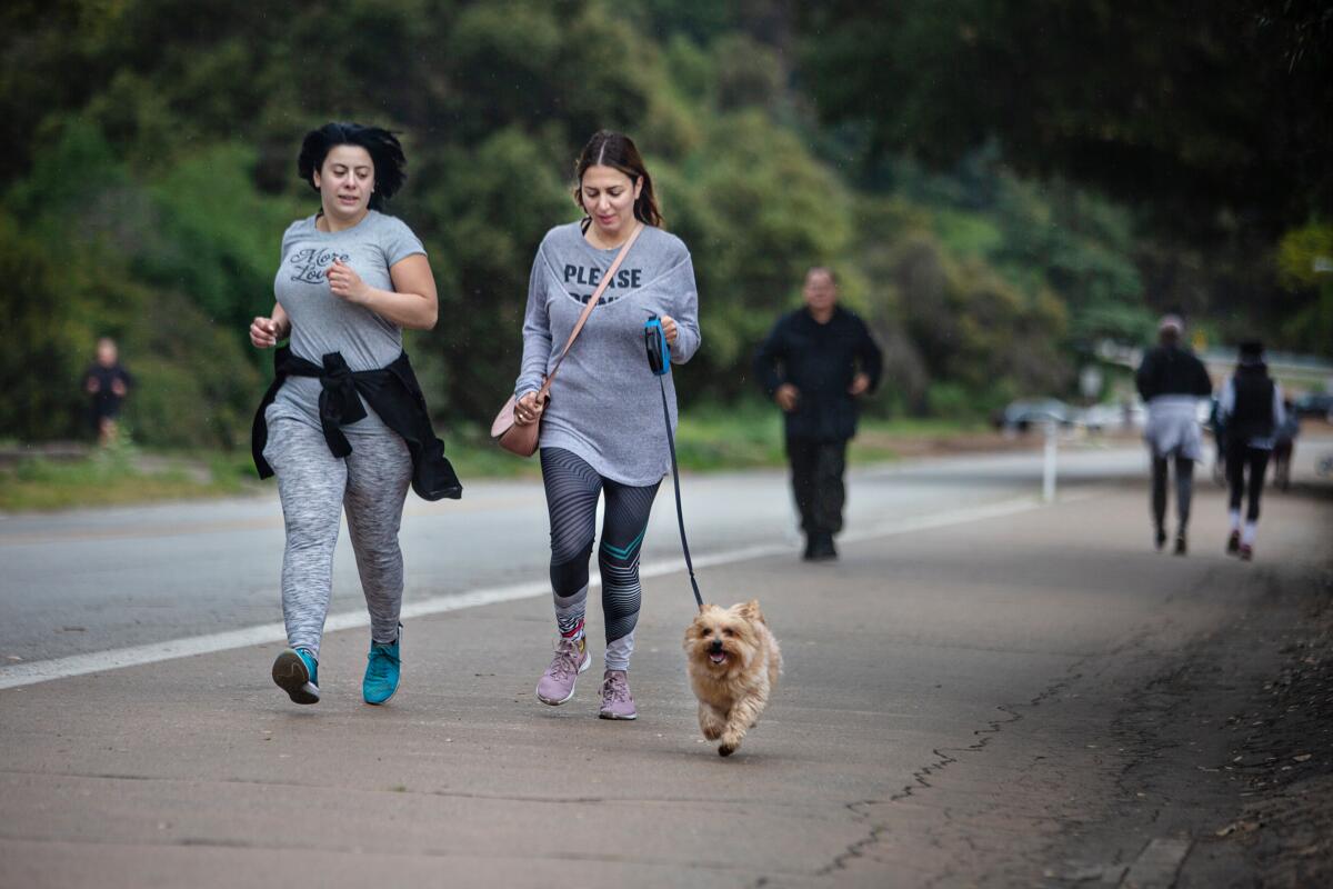 A jogger takes her dog for a run on the Rose Bowl loop March 19, 2020.