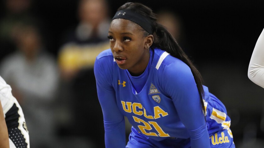 UCLA forward Michaela Onyenwere looks on during a game against Colorado on Jan. 12, 2020.