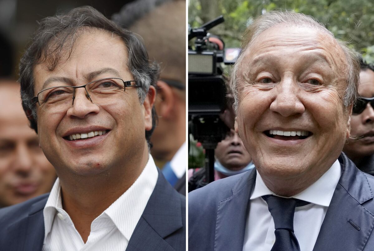 FILES - This combination of photos shows Colombian presidential candidates: Gustavo Petro, left, on June 17, 2018; and Rodolfo Hernandez, on June 2, 2022, in Bogota, Colombia. Polls show Petro and Hernandez, both former mayors, practically tied since advancing to the June 19th presidential runoff following the first-round election in which they beat four other candidates. (AP Photos/Martin Mejia, Fernando Vergara, Files)