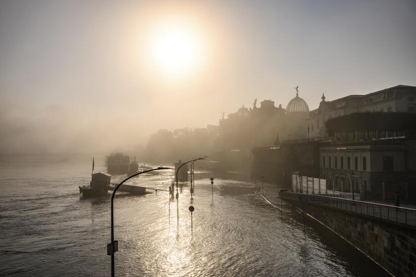 Una parte del casco antiguo de Terrassenufer se ve inundado por las crecidas del río Elbe en la mañana en la bruma matinal en Dresde, Alemania, el miércoles 18 de septiembre de 2024 (Robert Michael/dpa via AP)