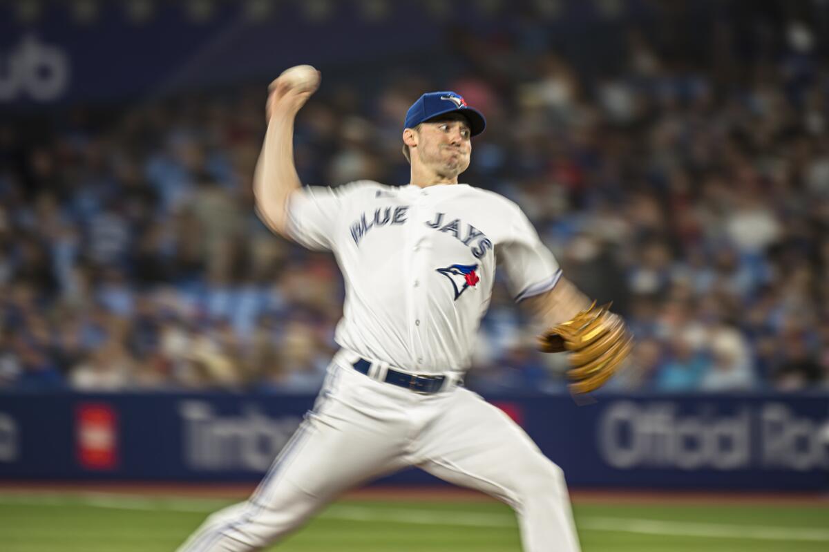 Toronto Blue Jays starting pitcher Ross Stripling (48) throws during second inning of a baseball game against the Baltimore Orioles, in Toronto on Wednesday, Aug. 17, 2022. (Christopher Katsarov/The Canadian Press via AP)
