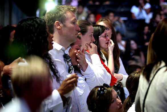 Fans grieve as they listen to opening remarks during Michael Jackson's memorial at Staples Center.