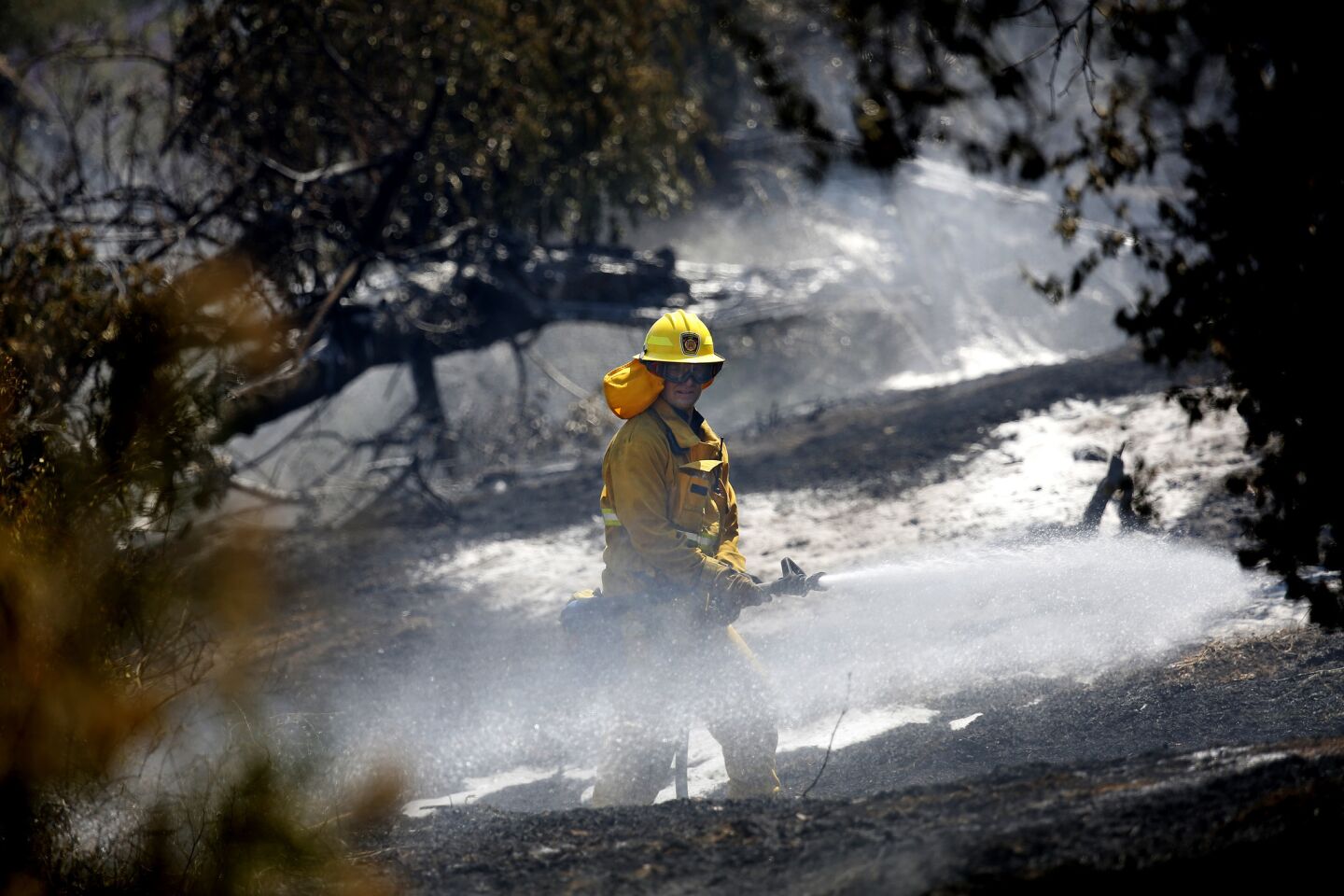 Firefighters extinguish a brush fire at Buena Vista Meadow in Elysian Park in Los Angeles.