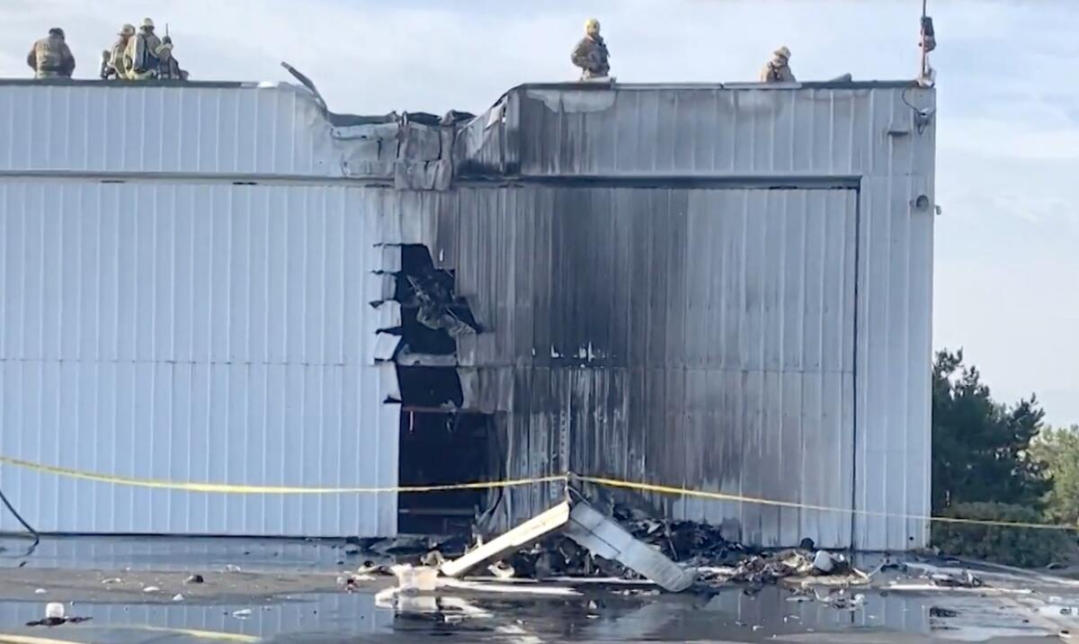 Three people were killed Sunday morning when a small planed crashed into a hangar at Cable Airport in Upland.