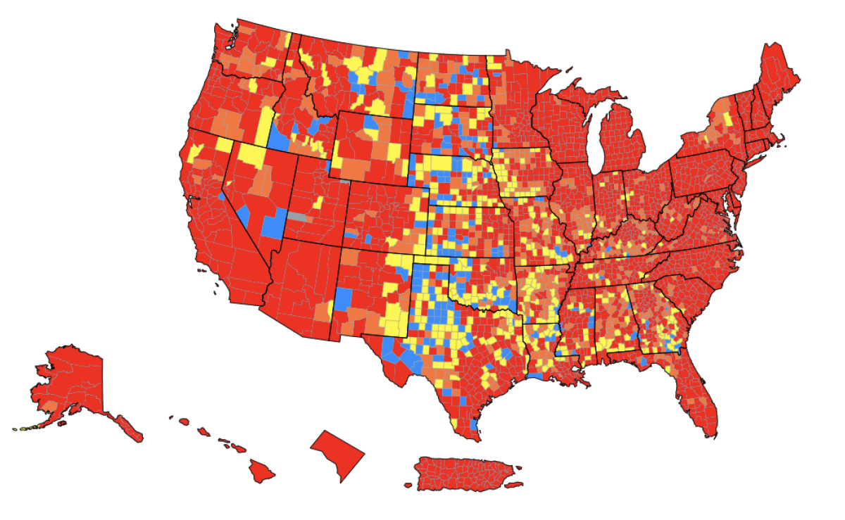 A U.S. map that is mostly red with some blocks of blue, orange and yellow.