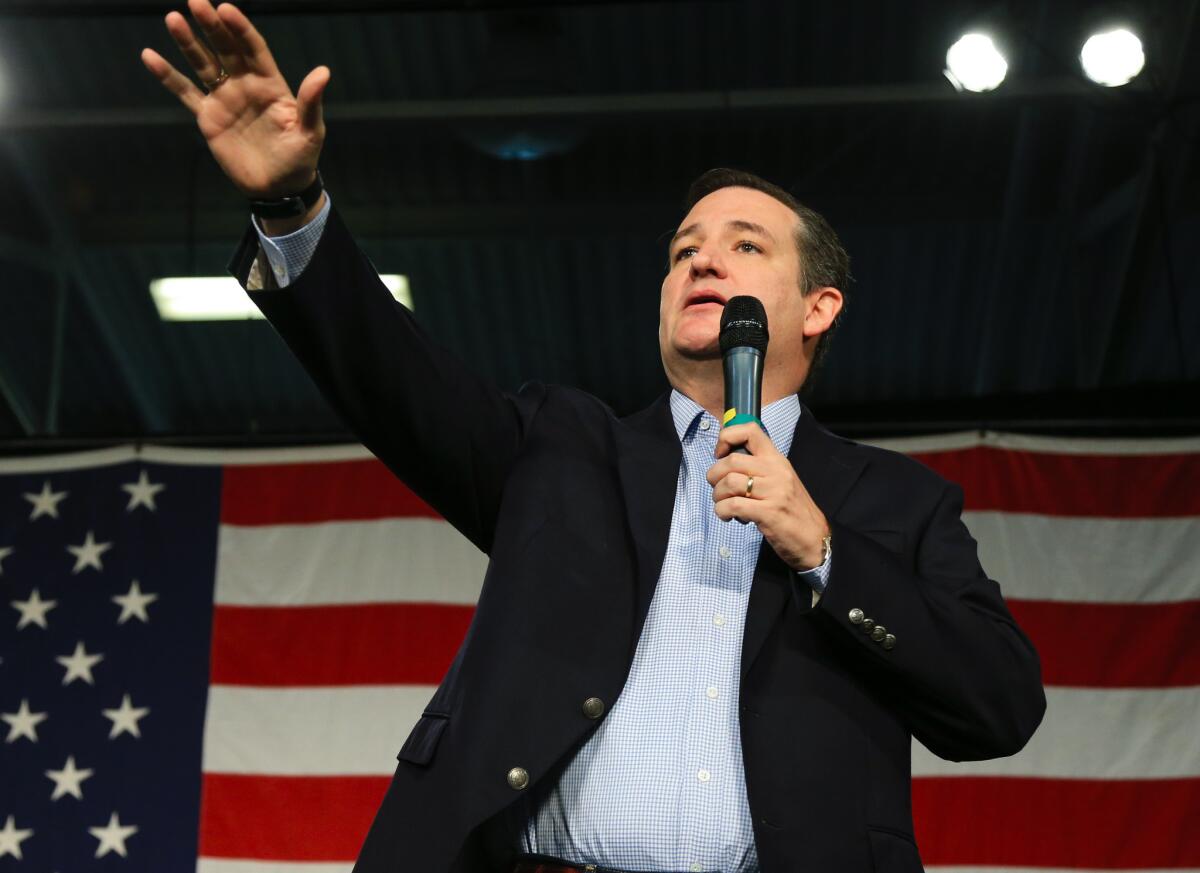 Republican Presidential candidate, Sen. Ted Cruz, R-Texas, speaks at the Iowa GOP's Growth and Opportunity Party at the Iowa state fair grounds in Des Moines, Iowa, Saturday, Oct. 31, 2015. (AP Photo/Nati Harnik)