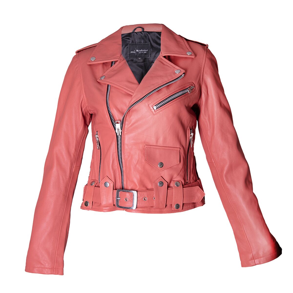 Women's apricot leather moto jacket from Michael Lombard.