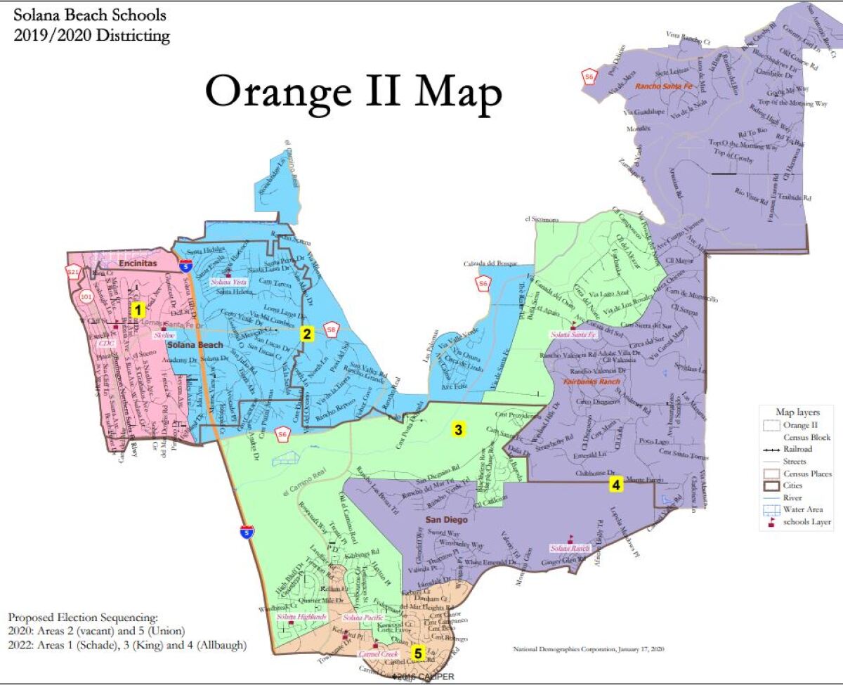 One proposed map for the new Solana Beach School District's by-trustee voting areas.