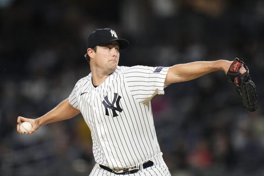 New York Yankees' Gerrit Cole pitches in the first inning of a baseball game against the Toronto Blue Jays, Thursday, Sept. 21, 2023, in New York. (AP Photo/Frank Franklin II)