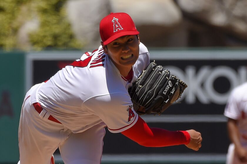 Los Angeles Angels pitcher Shohei Ohtani, of Japan, throws.