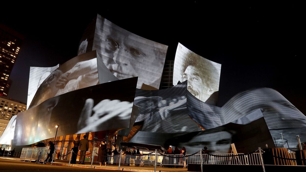 Artwork by Refik Anadol is projected on the exterior of Walt Disney Concert Hall during the kickoff of the L.A. Phil's centennial in 2018.