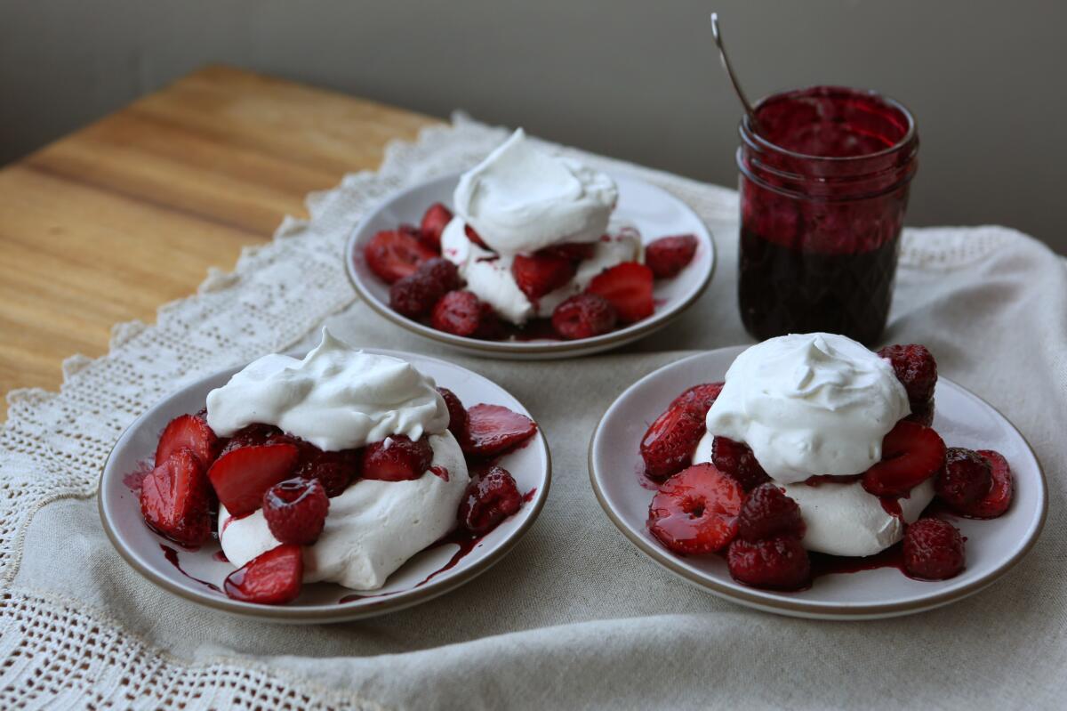 A Pavlova dessert, drizzled with hibiscus syrup.