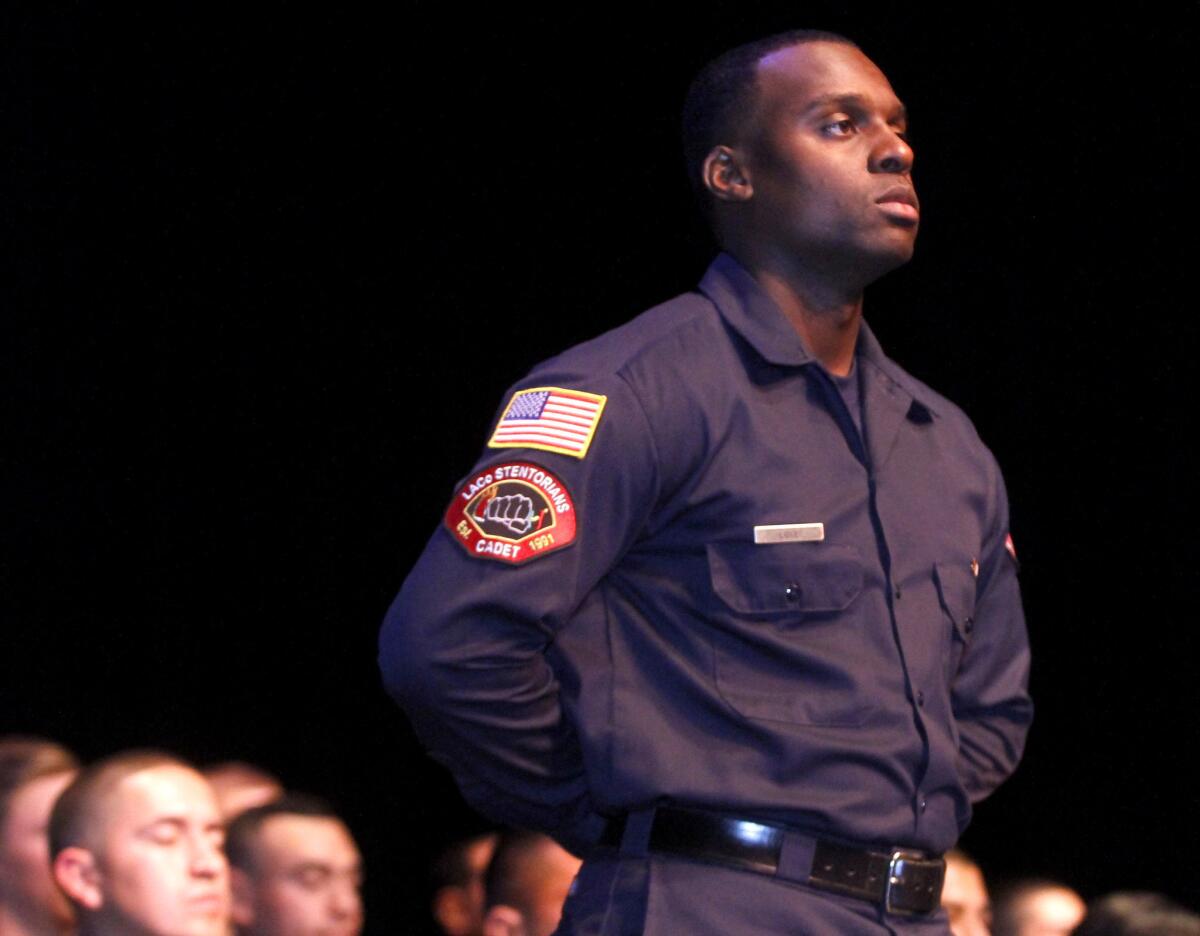 Donshay Luke received the community service award during the Verdugo Fire Academy Class XVI graduation ceremony at Glendale College on Saturday, January 4, 2014.