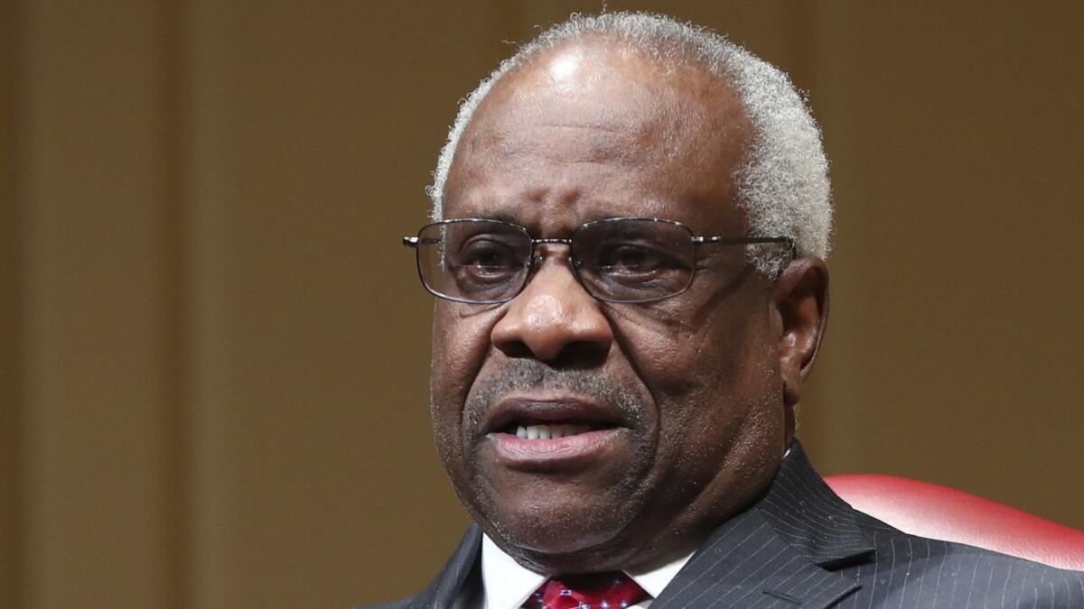 Associate Justice Clarence Thomas speaks during an event at the Library of Congress in Washington on Feb. 15, 2018.
