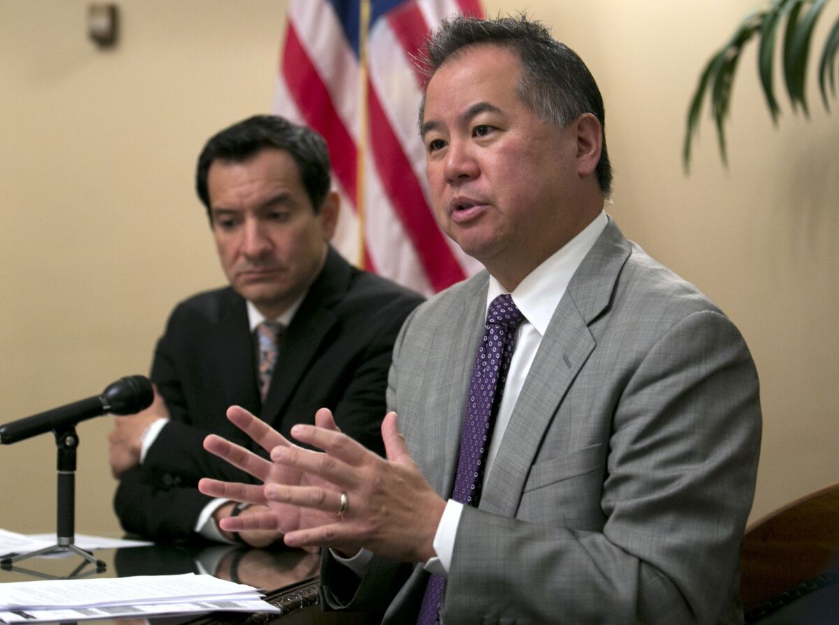 Assemblyman Phil Ting  discusses the state budget agreement in 2017 accompanied by Assembly Speaker Anthony Rendon  
