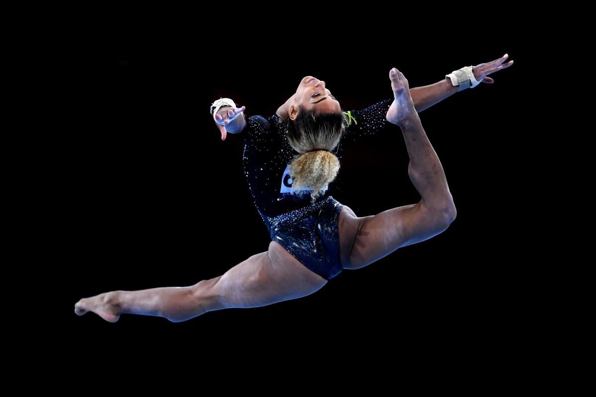 Danusia Francis performs her floor routine during the Artistic Gymnastics Championships in Stuttgart, Germany, in October.