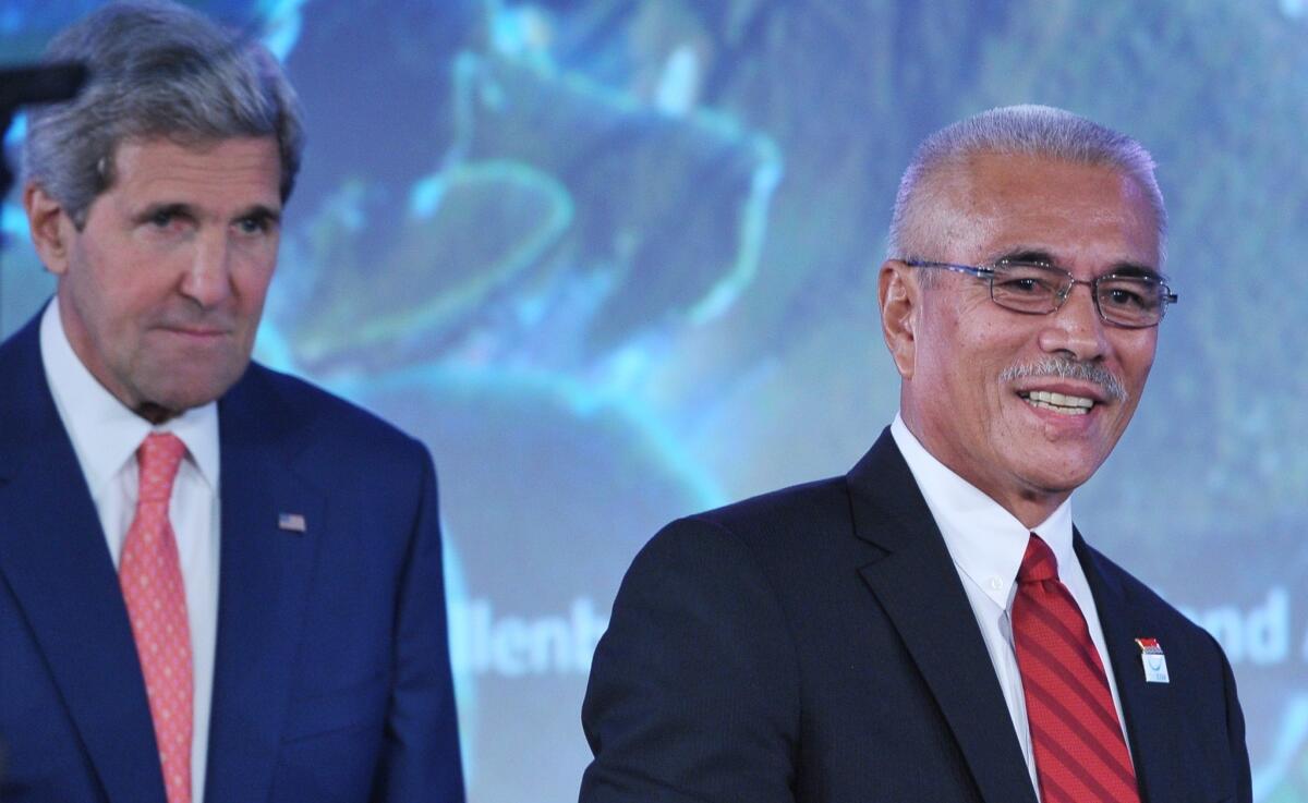 Kiribati President Anote Tong, right, and U.S. Secretary of State John F. Kerry at the Our Oceans conference in Washington.
