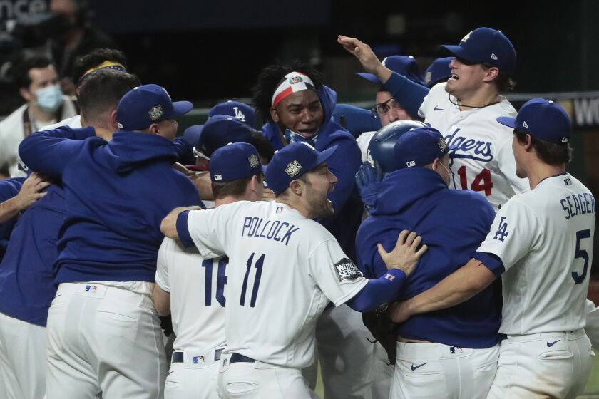 Arlington, Texas, Tuesday, October 27, 2020 Los Angeles Dodgers celebrate.