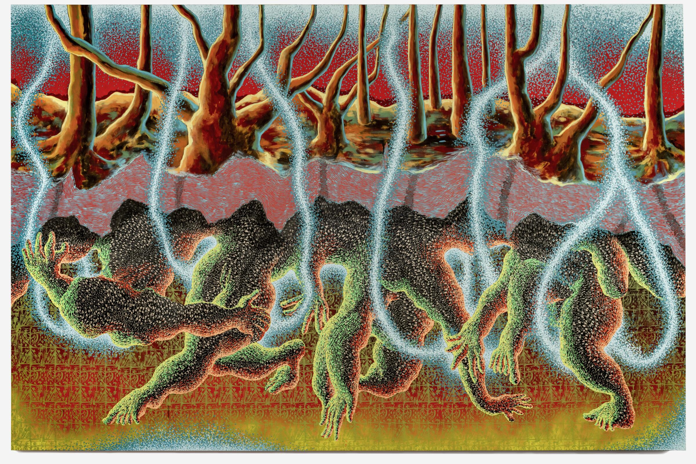 A horizontal canvas shows a cross-section of a forest. Instead of roots, the trees have tangles of arms and legs.