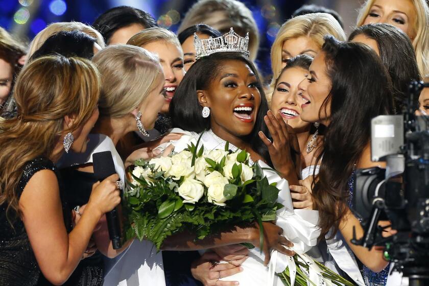 Miss New York Nia Franklin, center, reacts after being named Miss America 2019, Sunday, Sept. 9, 2018, in Atlantic City, N.J.