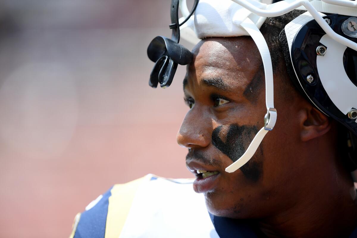 Rams' Marcus Peters on the sidelines before a preseason game against the Houston Texans at Coliseum on Aug. 25.