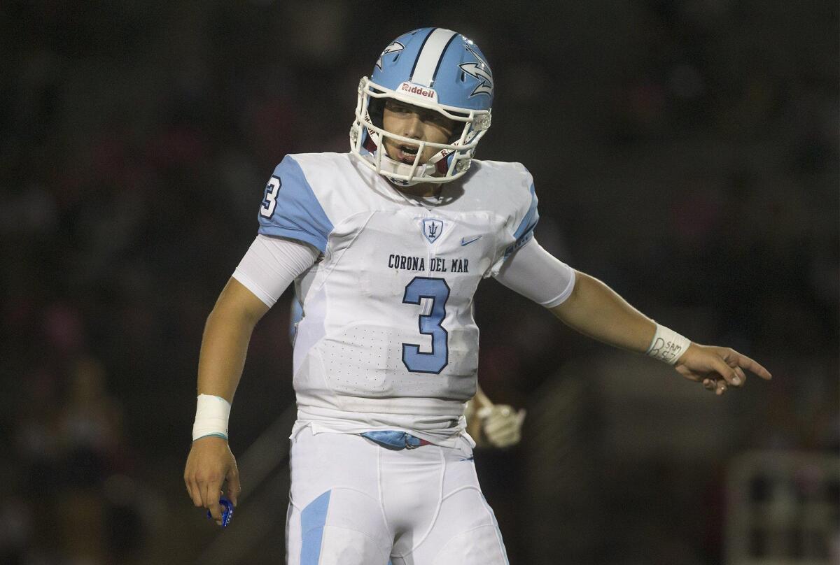 Corona del Mar High quarterback Chase Garbers (3), bound for Cal, has thrown for 3,699 passing yards, 46 touchdowns and five interceptions this season.