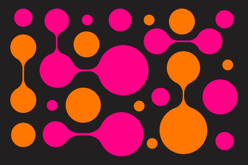 A series of orange and pink dots, some of which are attached by a thin connection.